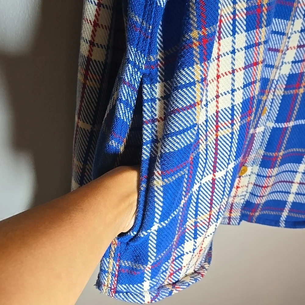 L.L. Bean Blue Plaid Button Front Knit Cotton Pocket Shirt Shacket NWOT